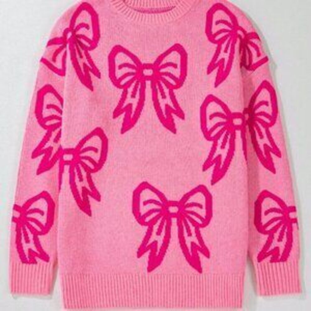 Pink Casual Women's Bow print Round Neck Long Sleeved Pullover Sweater - Picture 3 of 5
